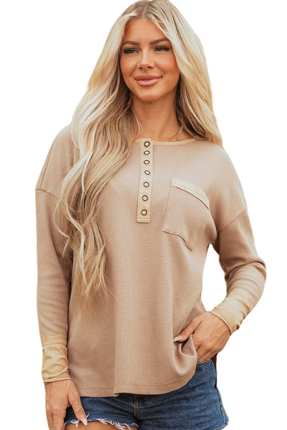 Dark Khaki Color Block Waffle Textured Tunic Henley Top with Slits