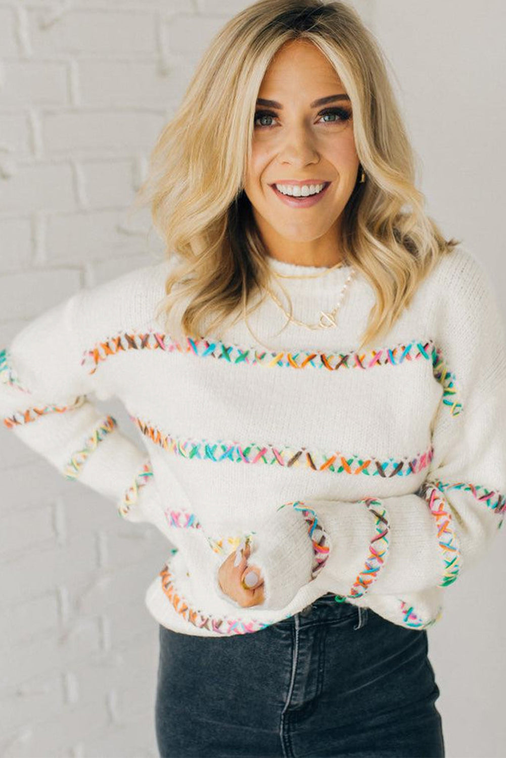 White Colorful Crossed Stitch Drop Shoulder Sweater