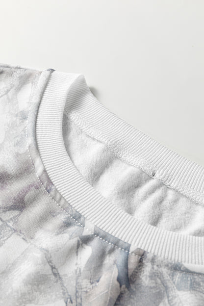 Light Grey Abstract Woodland Camo Print Baggy Pullover Drawstring Shorts Set