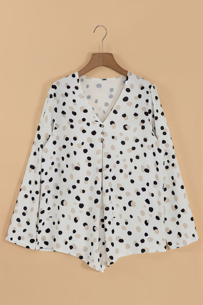 White Polka Dot Print Button Front V Neck Blouse