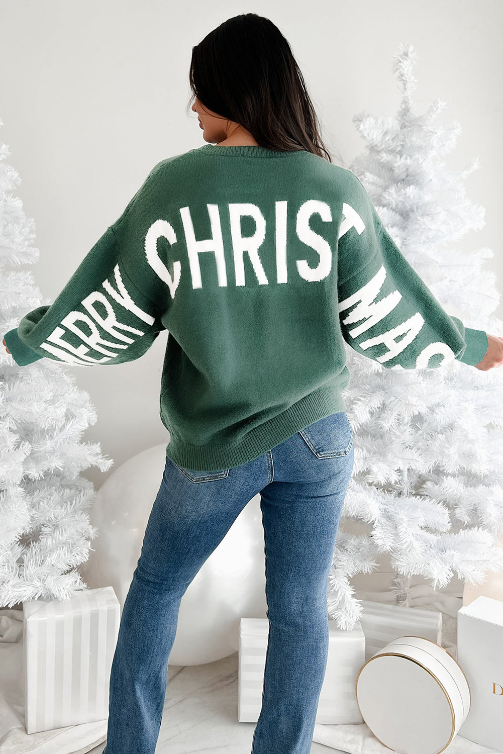 Blackish Green HO HO HO MERRY CHRISTMAS Drop Shoulder Loose Sweater