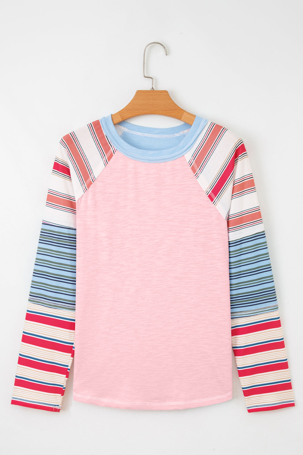 Pink Color Block Round Neck Exposed Seam Patchwork Striped Long Sleeve Top