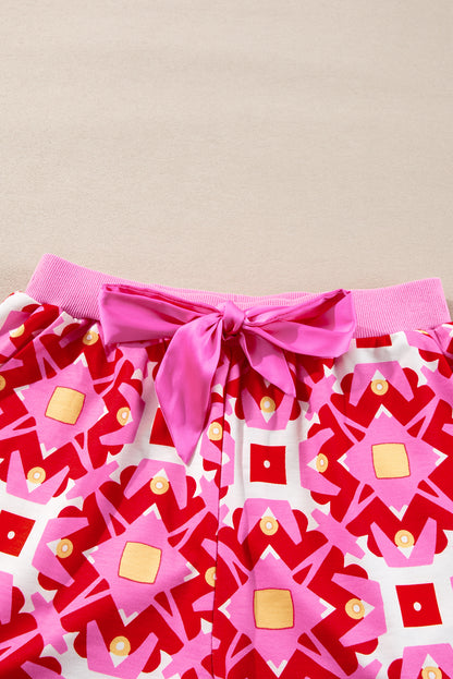 Sachet Pink Geometric Print Long Sleeve Top and Drawstring Shorts Set