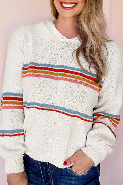 White Multicolored Striped Accent Hooded Popcorn Sweater
