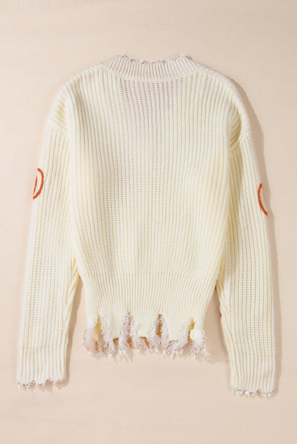 Beige Cable Knit Pumpkin Raw Hem V Neck Loose Sweater