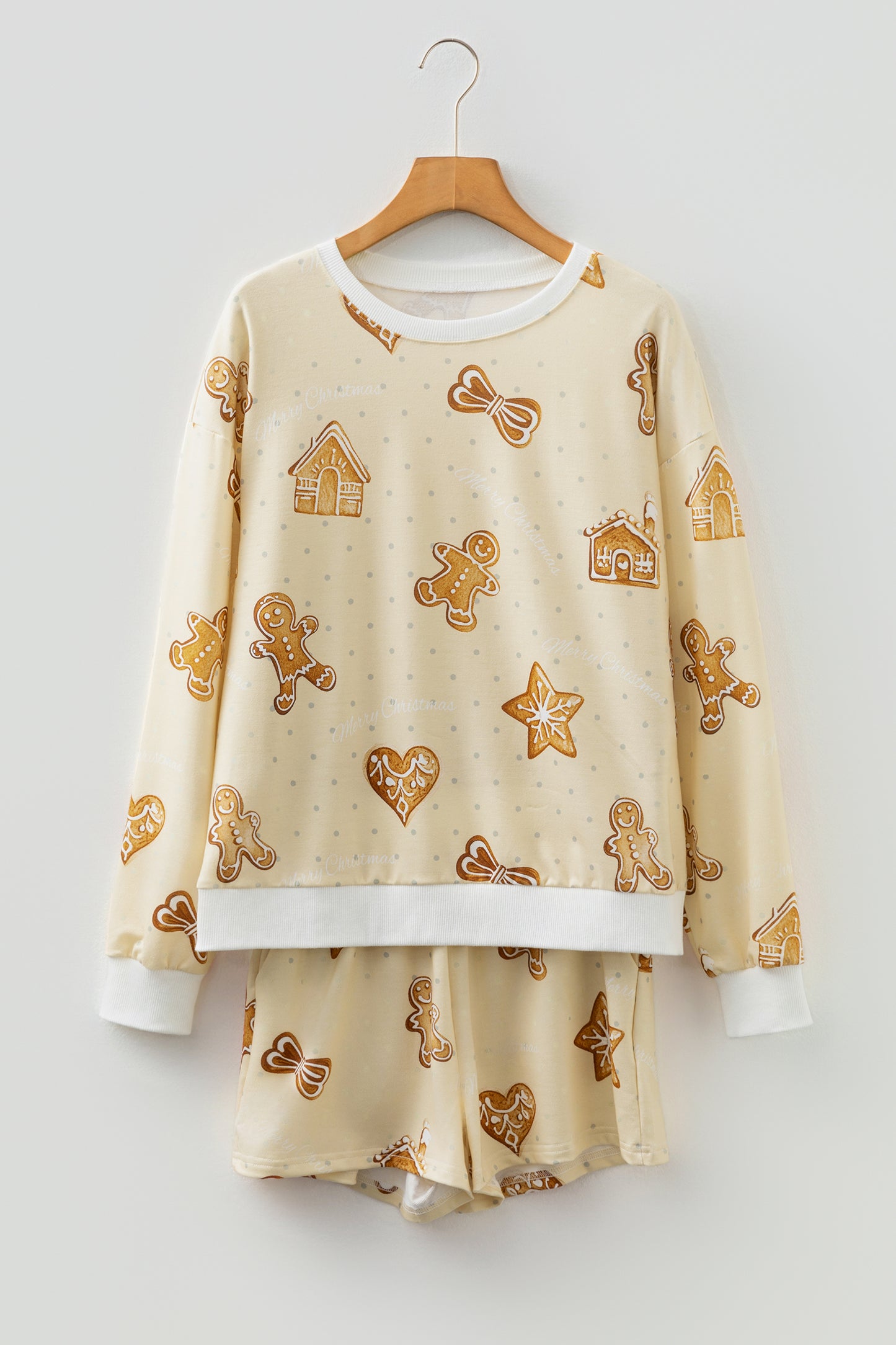 Beige Gingerbread Man Christmas Print Long Sleeve Pullover Lounge Short Set