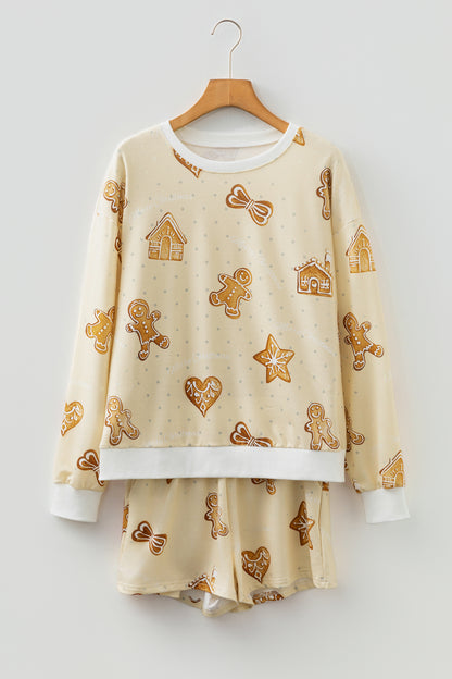 Beige Gingerbread Man Christmas Print Long Sleeve Pullover Lounge Short Set