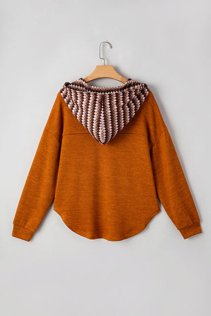 Straw Yellow Contrast Plaid Hood Patchwork Chest Pocket Henley Top