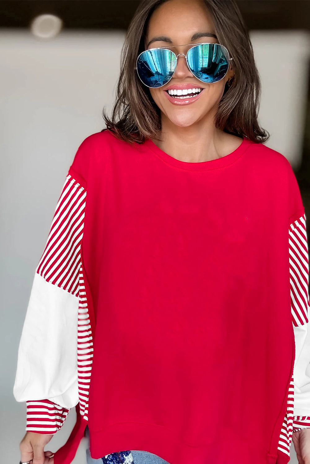 Fiery Red Striped Patchwork Sleeve Colorblock Sweatshirt
