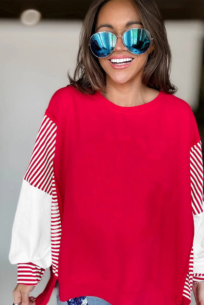 Fiery Red Striped Patchwork Sleeve Colorblock Sweatshirt