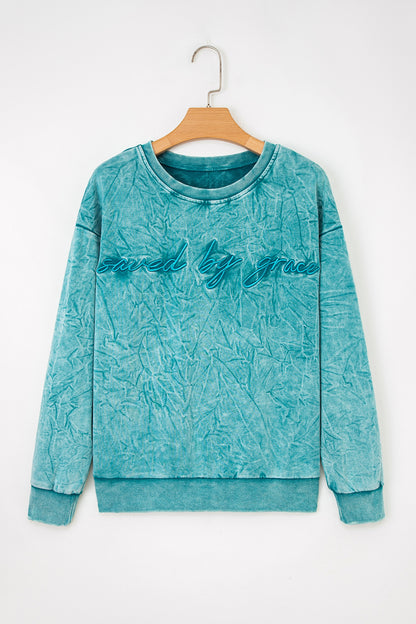 Sea Green saved by grace Letter Embroidery Mineral Wash Loose Sweatshirt