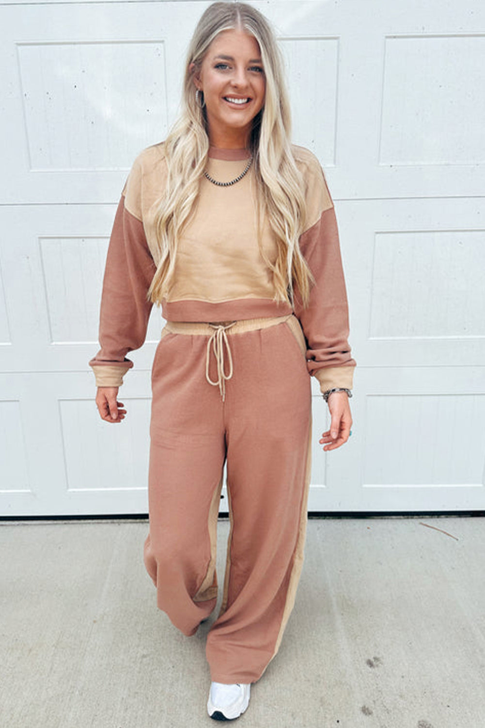 Khaki Color Block Long Sleeve Crop Top Drawstring Pant Set