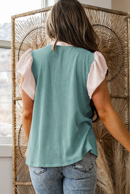 Light Blue Plus Size Contrast Frilled Neckline Ruffled Short Sleeve Ribbed Textured Blouse