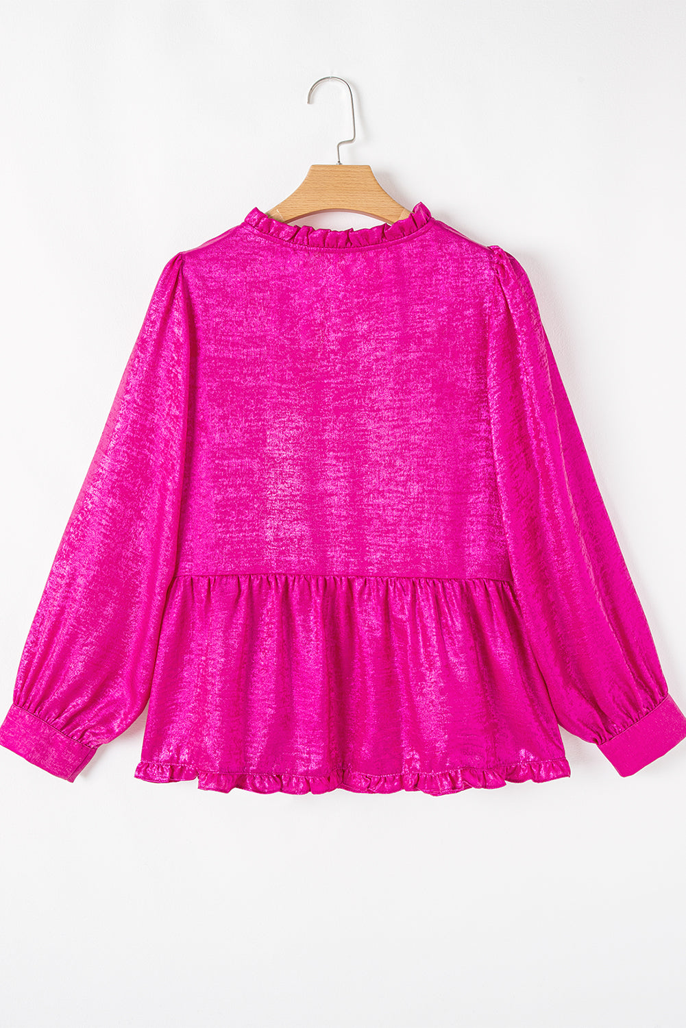 Rose Red Metallic Frilled V Neck Puff Sleeve Babydoll Blouse