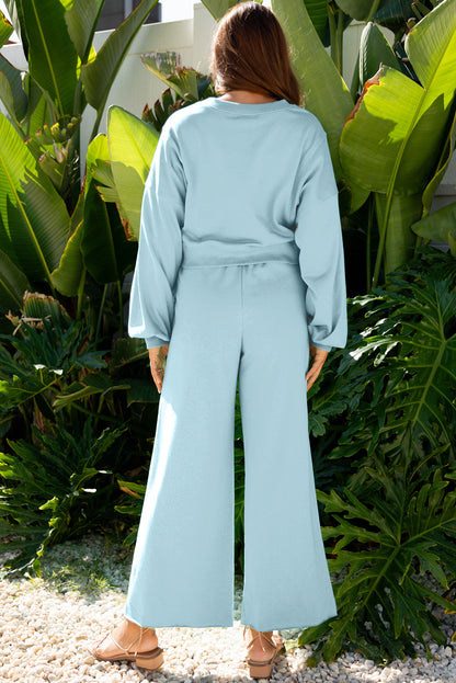 Mist Blue Drop Shoulder Puff Sleeve Crop Pullover Drawstring Wide Leg Pants Set