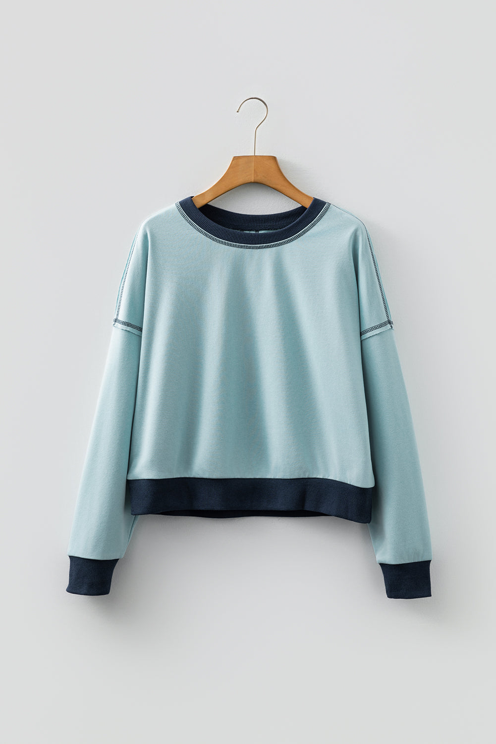Iceland Blue Contrast Edge Colorblock Patchwork Crop Sweatshirt
