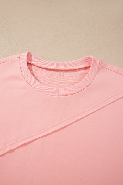 Pink Colorblock Striped Patchwork Raw Detail Long Sleeve Top