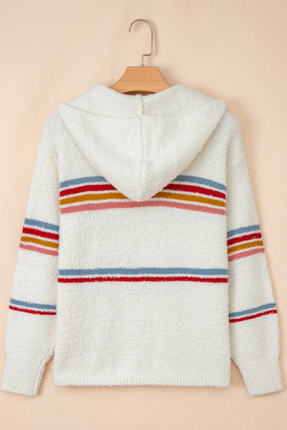 White Multicolored Striped Accent Hooded Popcorn Sweater