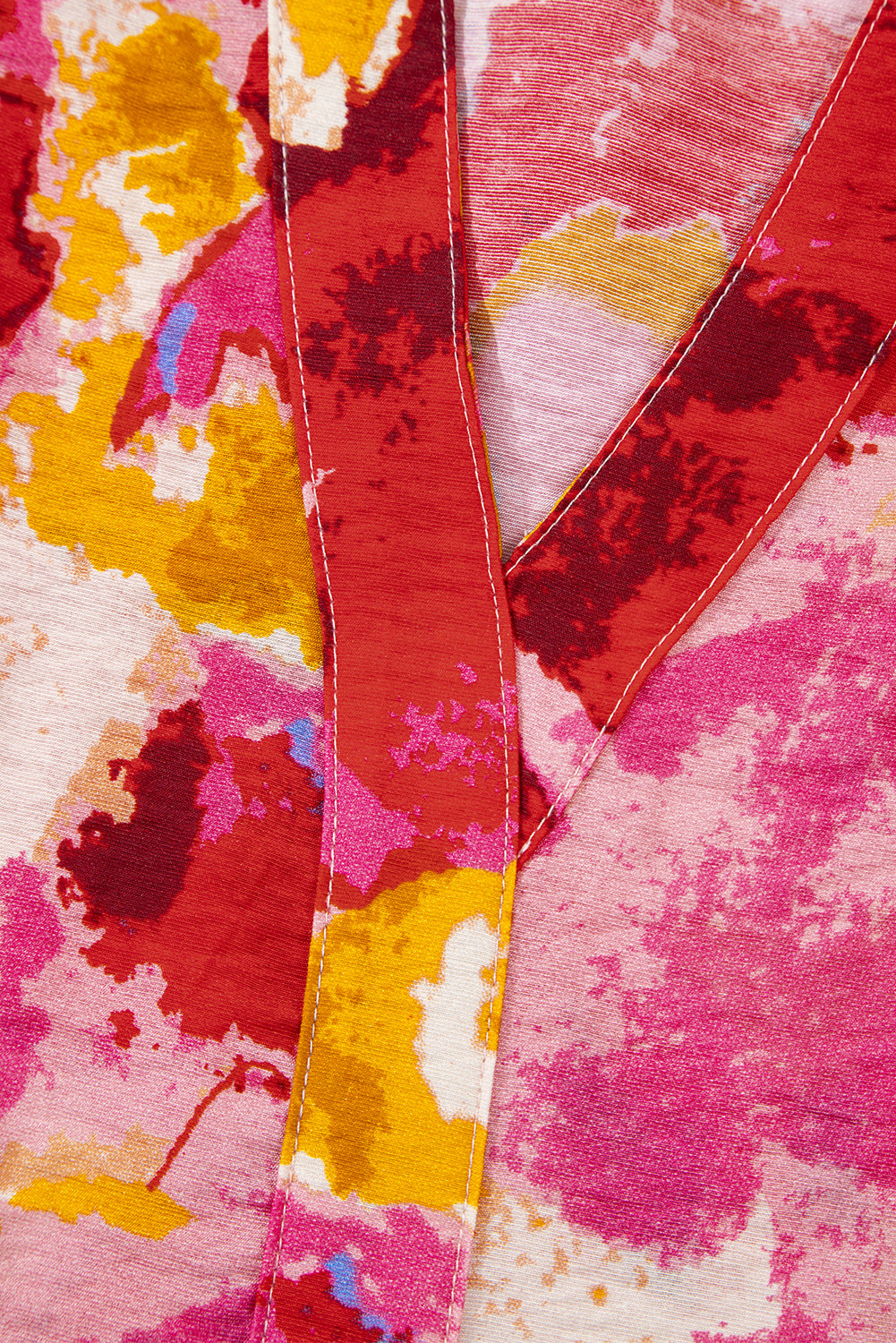 Red Abstract Print Split V Neck Ruffle Short Sleeve Blouse