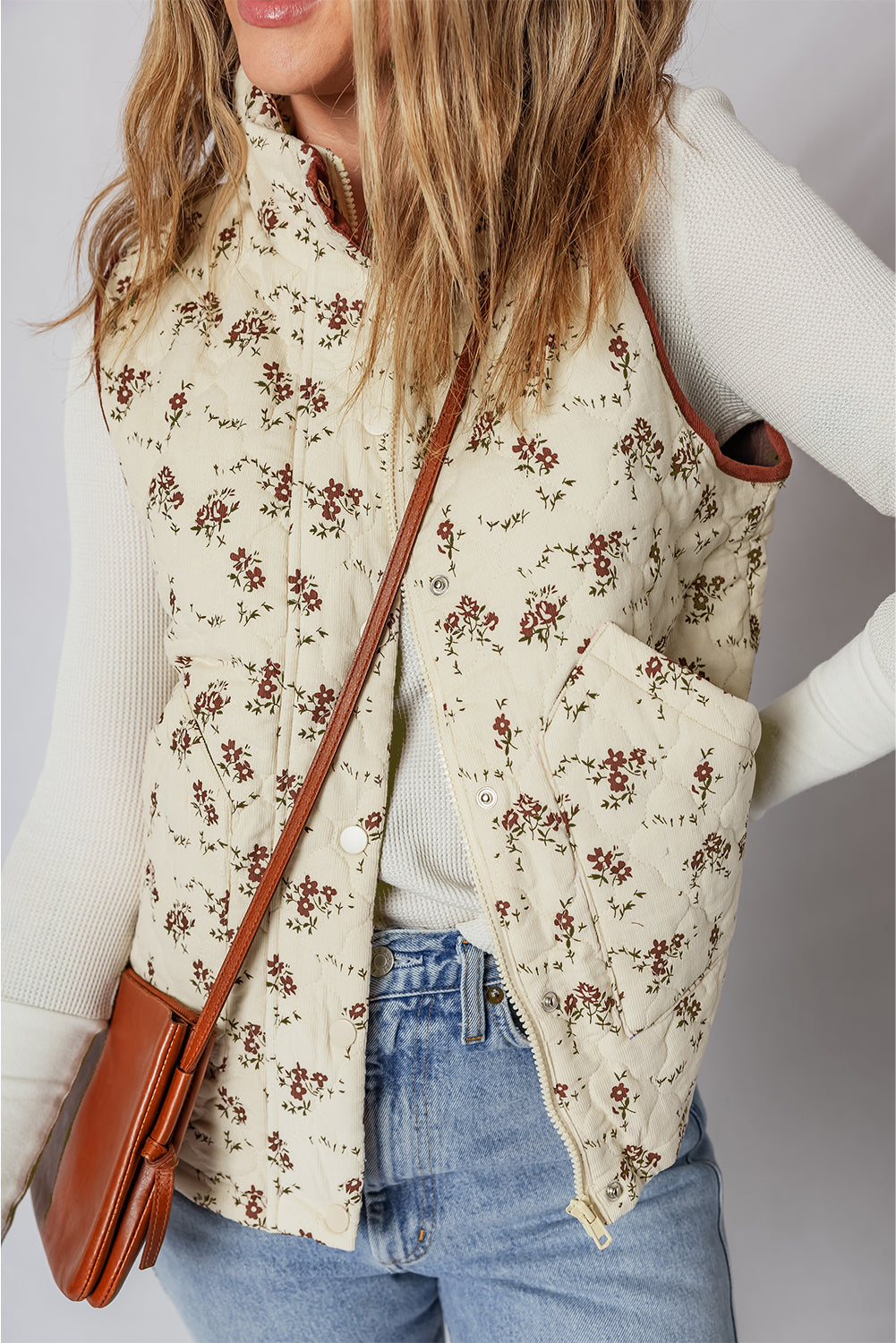 Apricot Floral Print Zip Up Quilted Vest