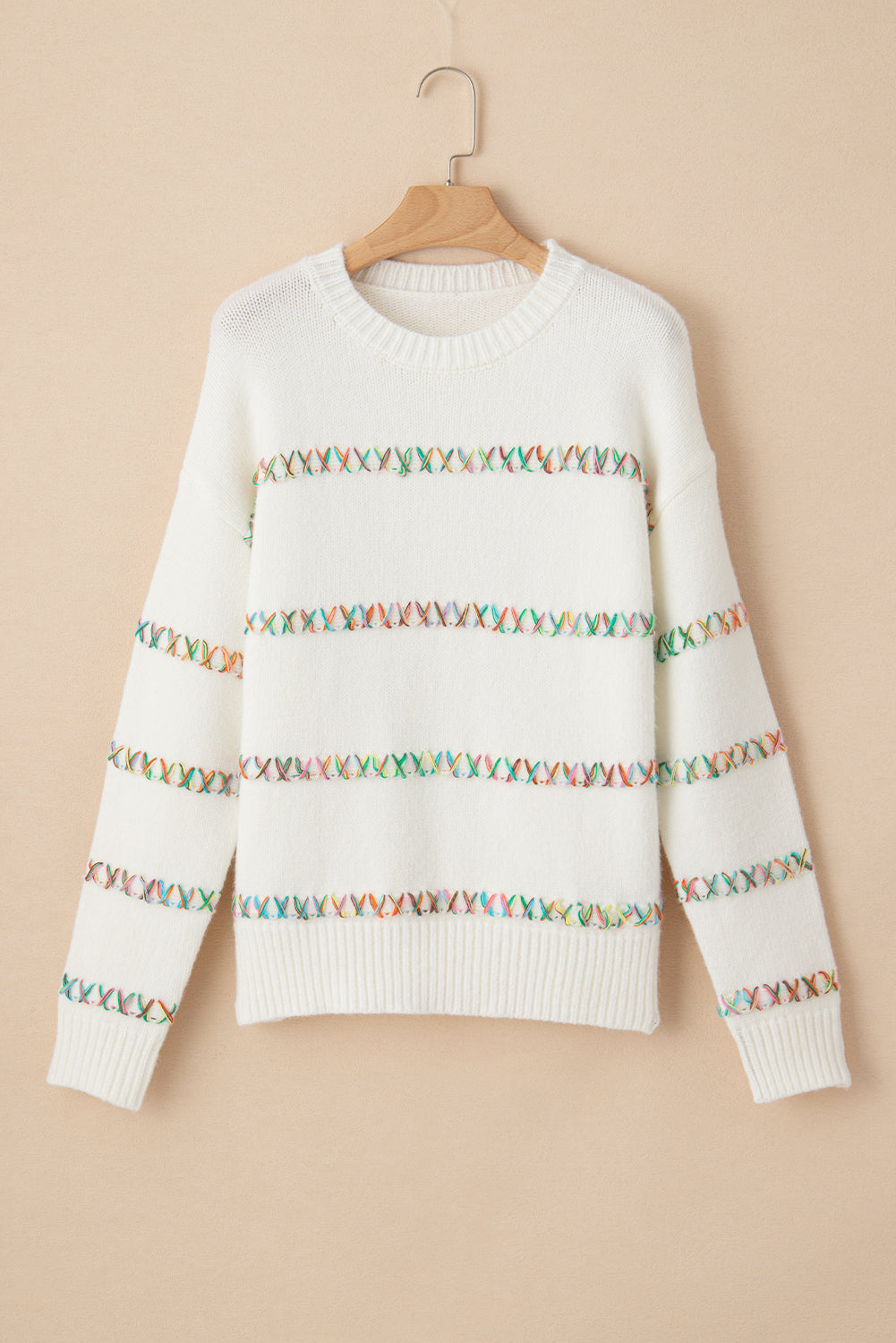 White Colorful Crossed Stitch Drop Shoulder Sweater