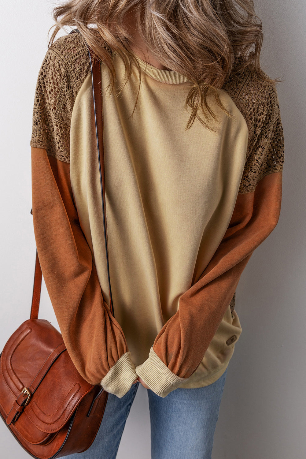 Khaki Lace Patchwork Colorblock Drop Shoulder Sweatshirt