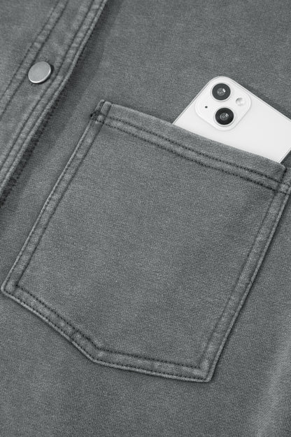 Medium Grey Mineral Wash Chest Pockets Drop Shoulder Shacket with Side Slit