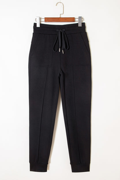 Black Exposed Seam Detail Skinny Drawstring Jogger Pants