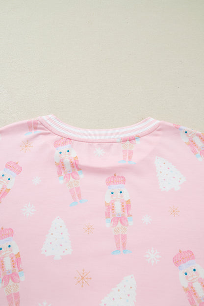Pink Christmas Tree Nutcracker Doll Print Contrast Trim Long Sleeve Top Matching Shorts Set