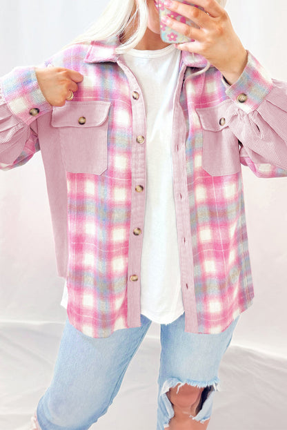 Pink Brushed Plaid Corduroy Flap Pockets Patchwork Shacket