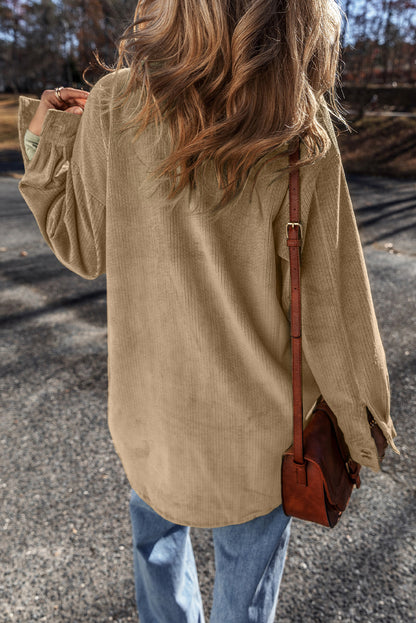 Light French Beige Patched Pocket Button Up Corduroy Shacket