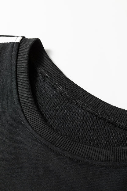 Black Varsity Striped Detail Crewneck Pullover Elastic Sweatpants 2pcs Outfit