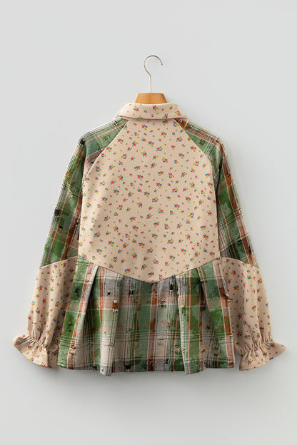 Mist Green Boho Floral Plaid Patchwork Distressed Detail Ruffled Sleeve Waffle Knit Shacket