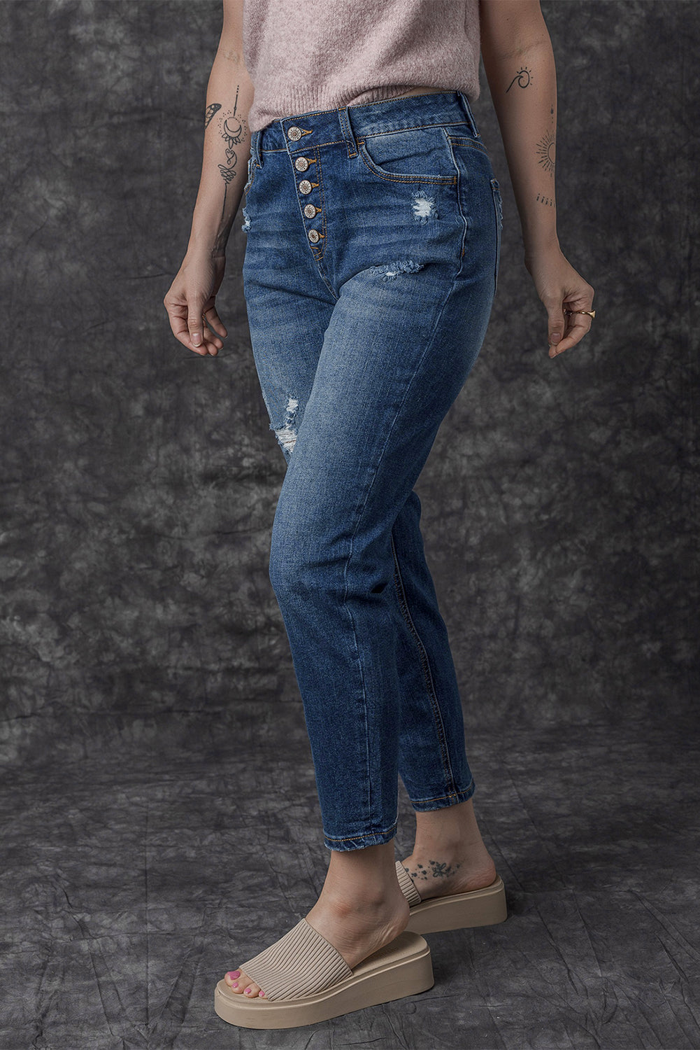 Blue Distressed Button Fly High Waist Skinny Jeans