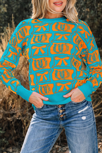Light Blue Bows & Horseshoes Pattern Western Fashion Print Sweater