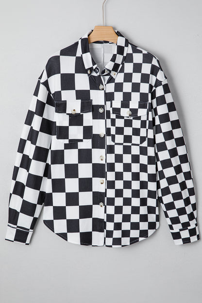 Black Checkerboard Flap Pocket Button Front Shacket