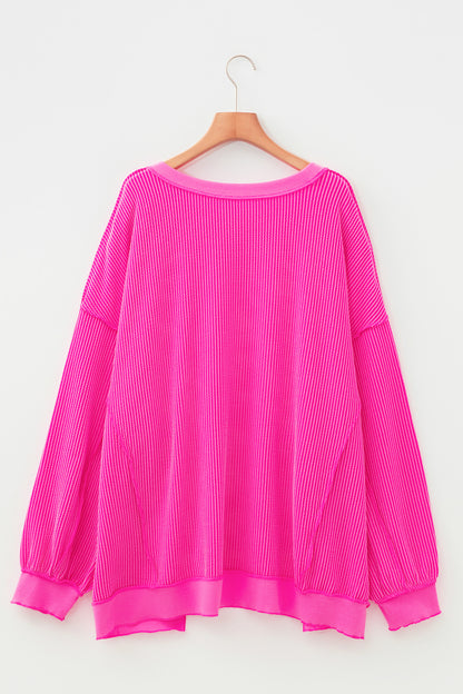 Rose Red Drop Shoulder Uneven Hem Plus Size Twisted Rib Top