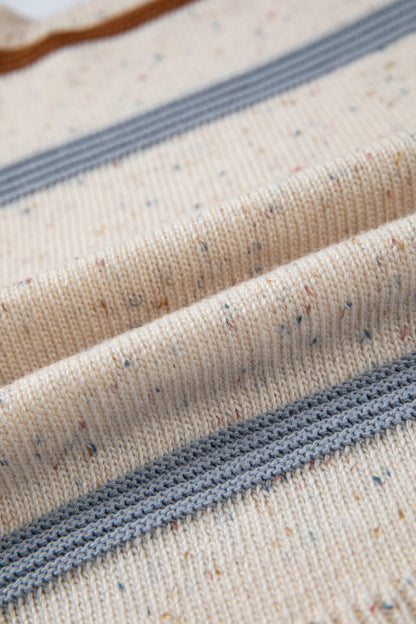 Beige Stripe Exposed Seam Drop Shoulder Heathered Knit Sweater