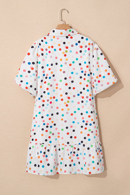White Polka Dot Print Bubble Sleeve Button Up Plus Size Shirt Dress