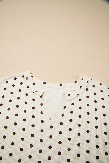 White Polka Dot Print Notched Neck Long Sleeve Top Drawstring Jogger Pants Waffle Knit Lounge Set
