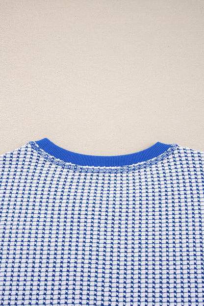Dark Blue Waffle Knit Exposed Stitching Casual Top with Side Slits