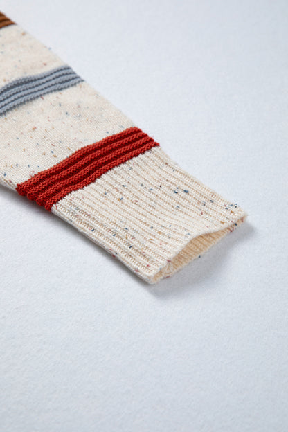 Beige Stripe Exposed Seam Drop Shoulder Heathered Knit Sweater