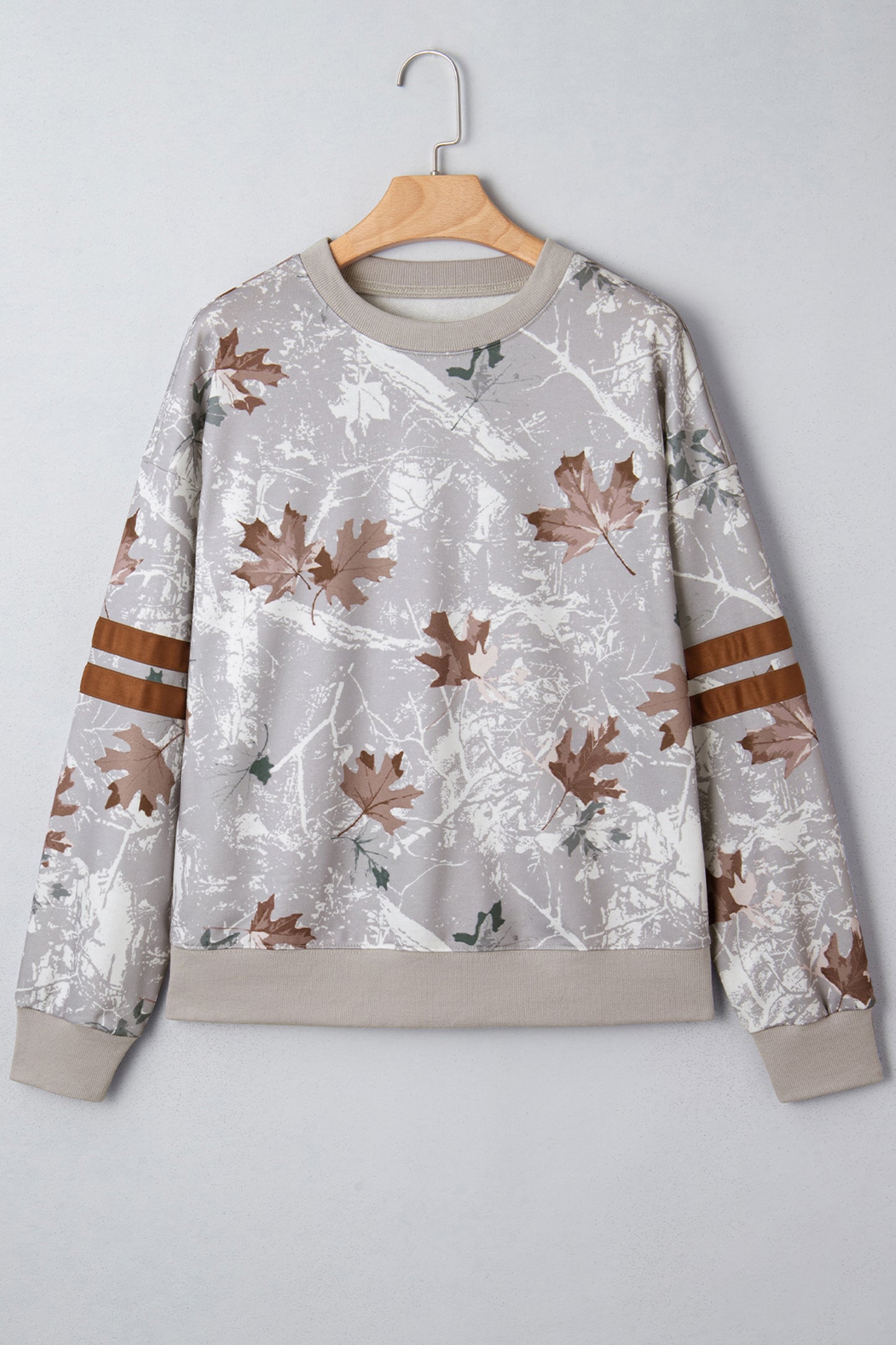 Gray Maple Leaf Camo Print Varsity Striped Sleeve Casual Sweatshirt