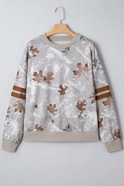 Gray Maple Leaf Camo Print Varsity Striped Sleeve Casual Sweatshirt
