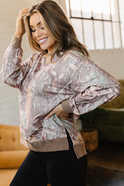 Brown Abstract Camo Print Color Block Detail Baggy Pullover Sweatshirt