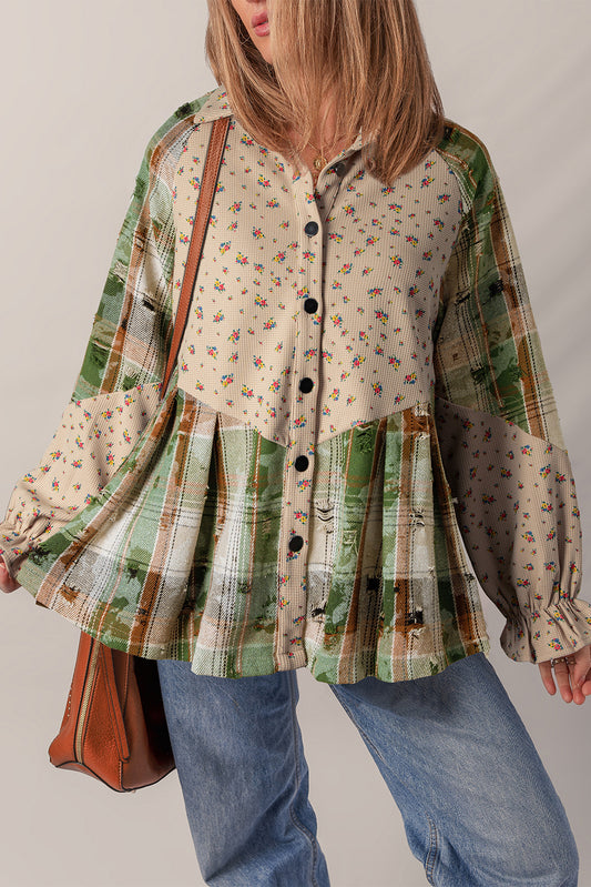 Mist Green Boho Floral Plaid Patchwork Distressed Detail Ruffled Sleeve Waffle Knit Shacket