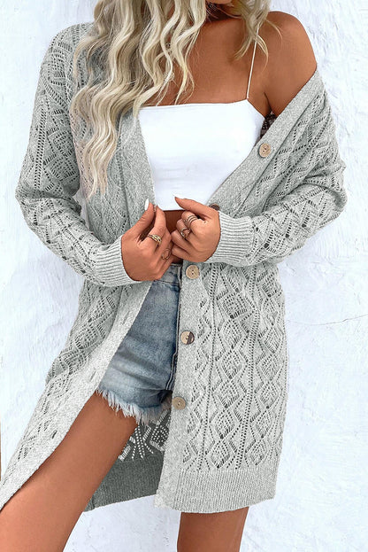 Gray Hollow Out Buttons Front Long Cardigan