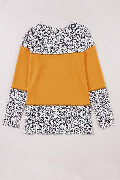 Vitality Orange Leopard Print Waffle Knit Patchwork Top